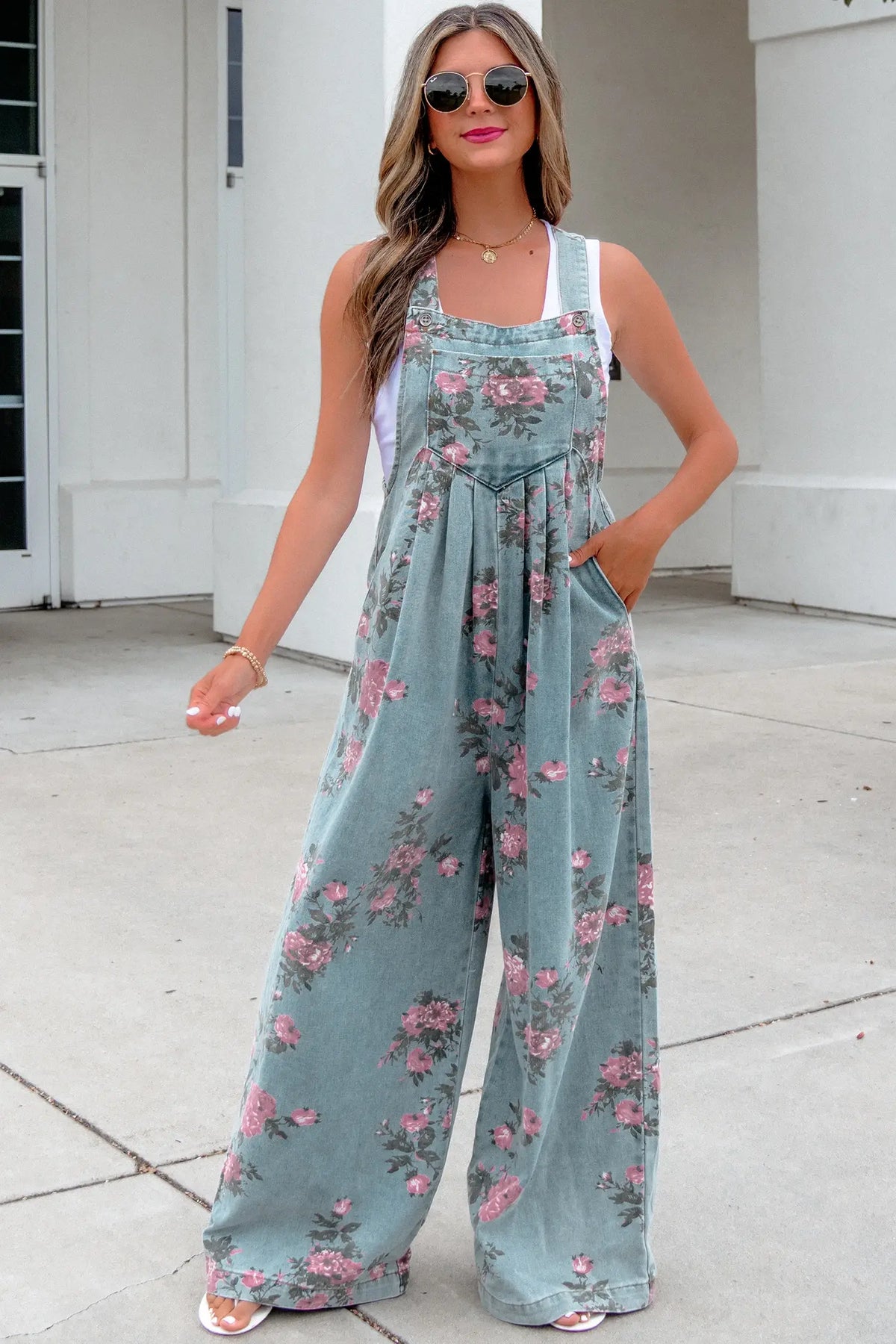 Floral Print Wide-Leg Denim Overalls
