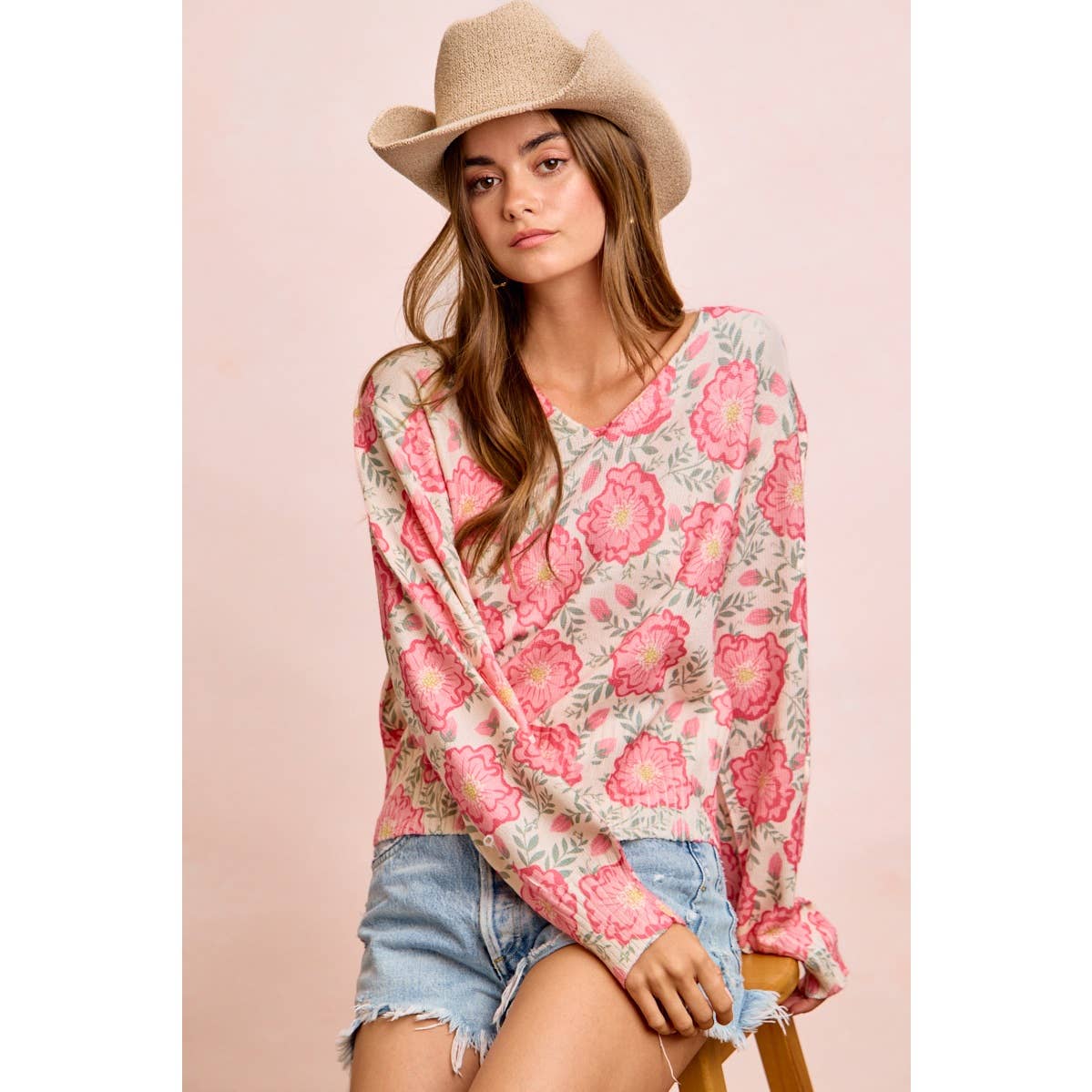 Flower Printed V-Neck Knit Top with Balloon Sleeves