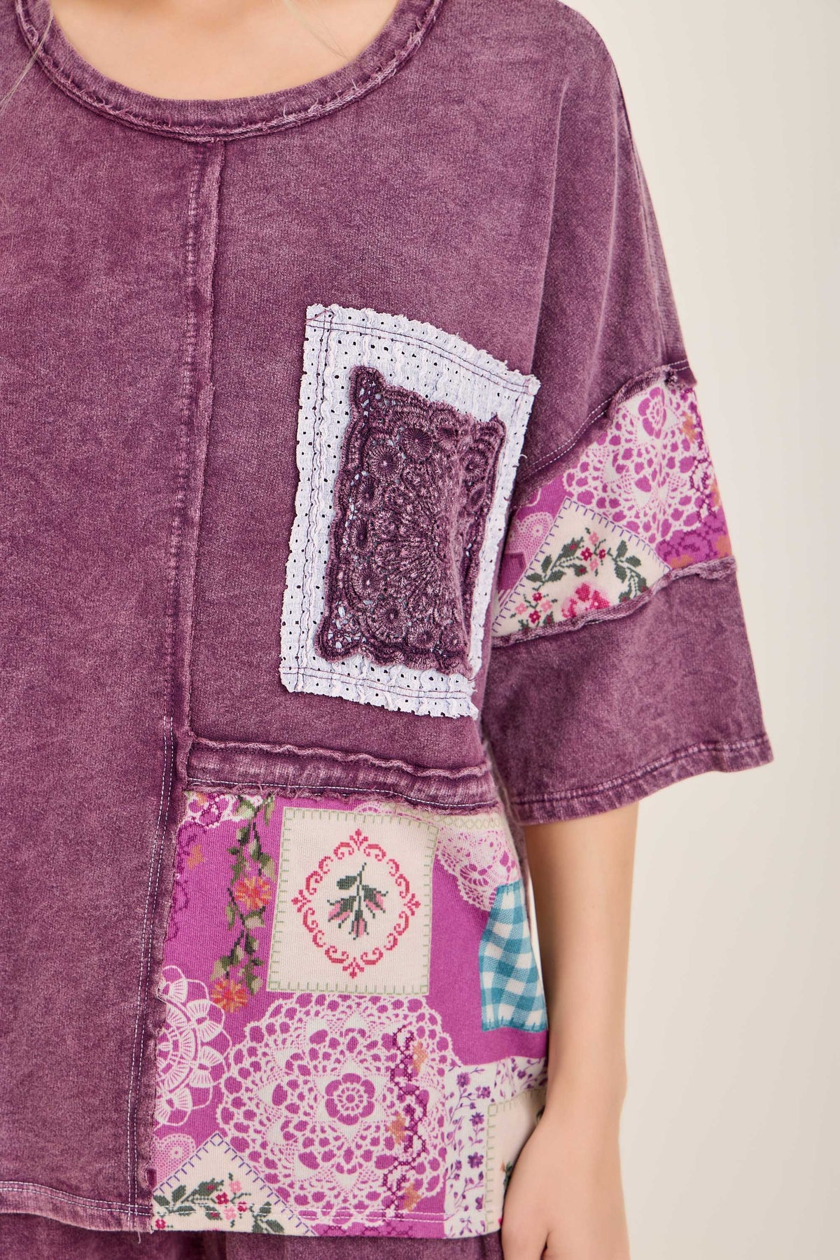 Mineral Washed Rosy Nostalgia Boho Patched top HT7524
