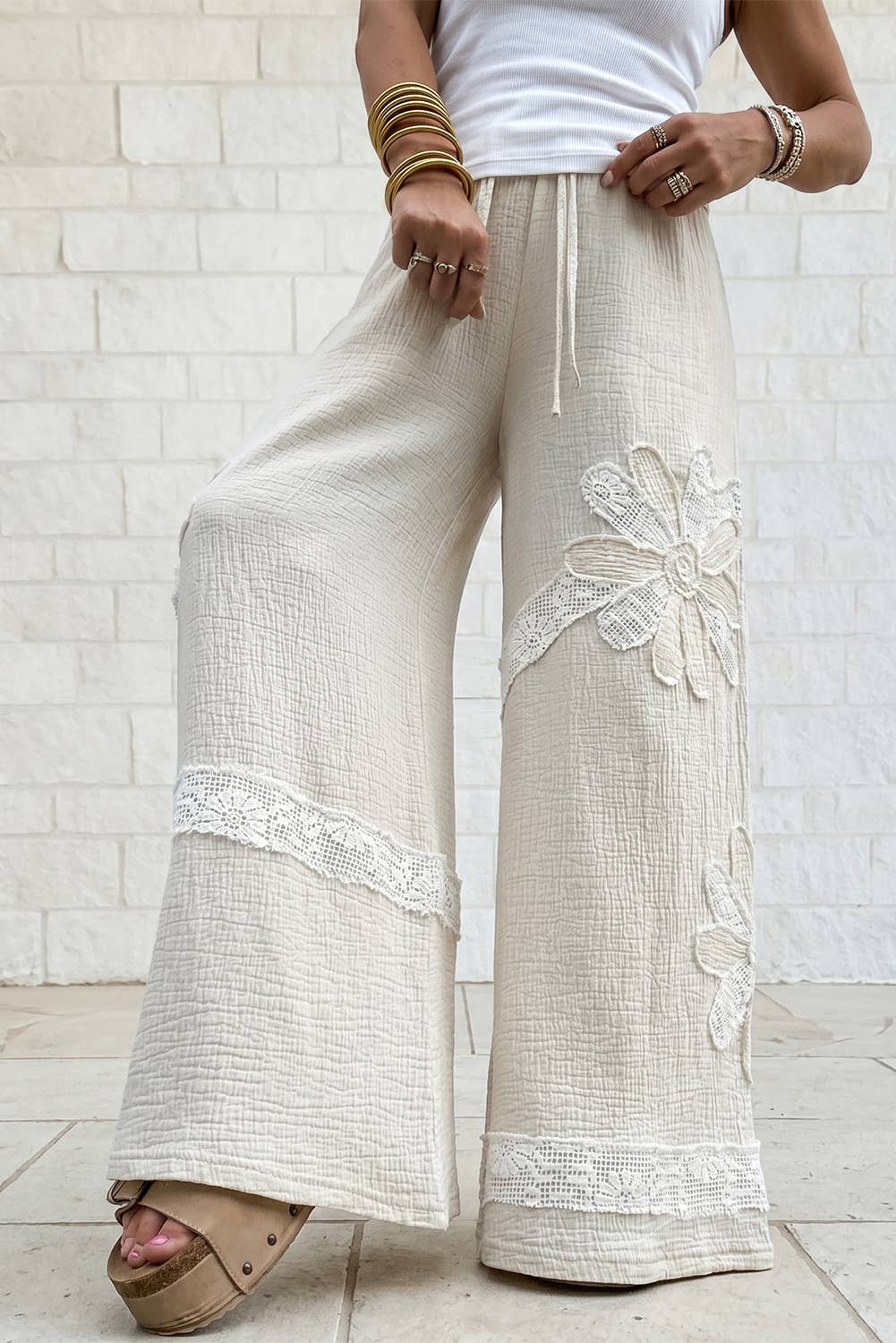 Floral Lace Patchwork Boho Wide Leg Pants
