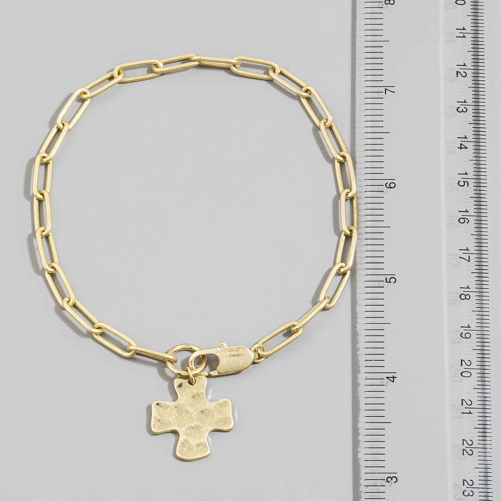 Hammered Square Cross Charm Paperclip Chain Bracelet