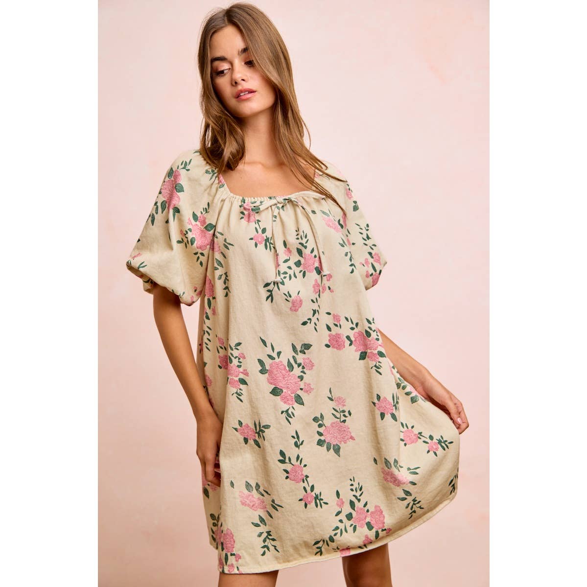 FLORAL DENIM SQUARE NECK DRESS WITH BUBBLE SLEEVE