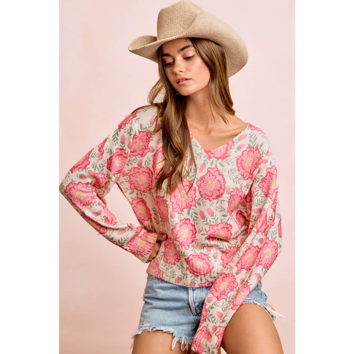 Flower Printed V-Neck Knit Top with Balloon Sleeves
