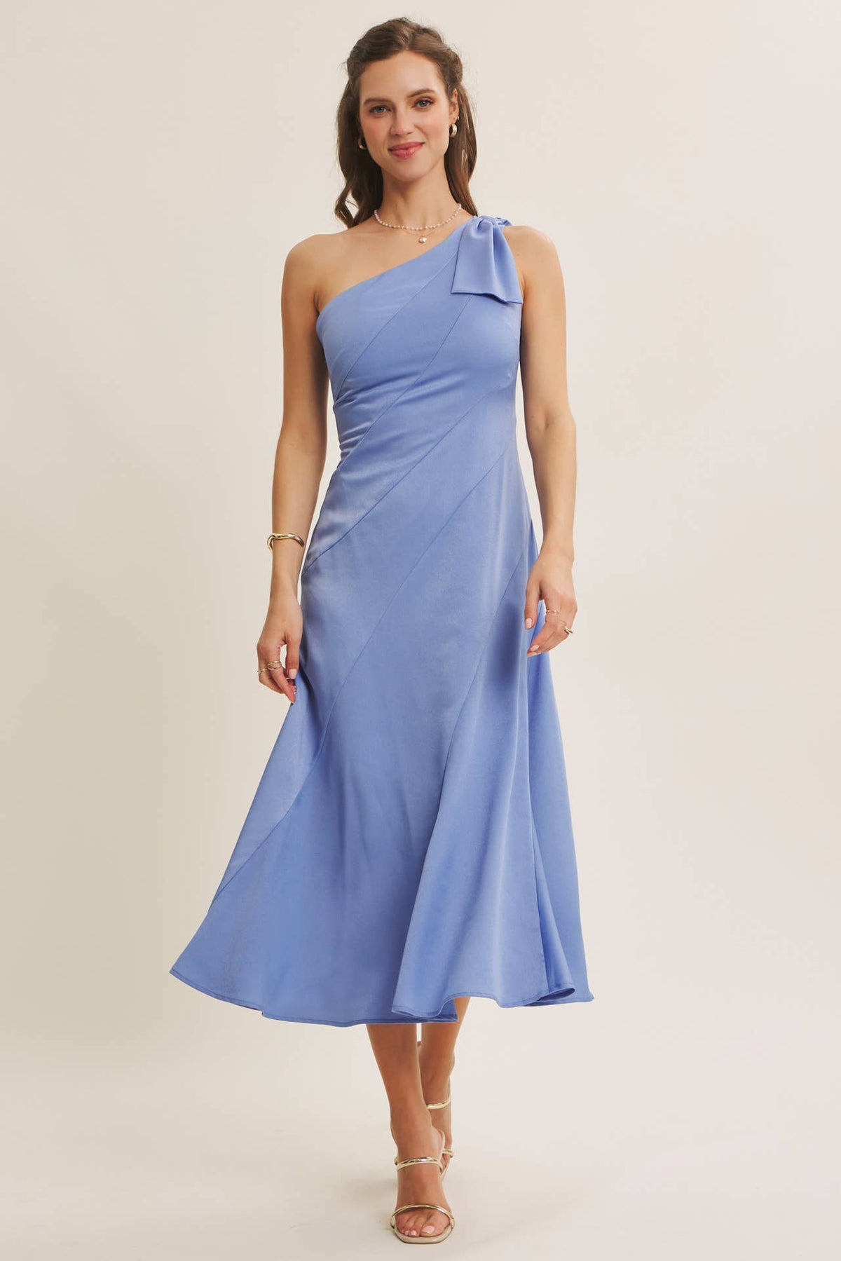 PARTY GLAM ONE-SHOULDER BOW MIDI DRESS W/ SCULPTING SEAM