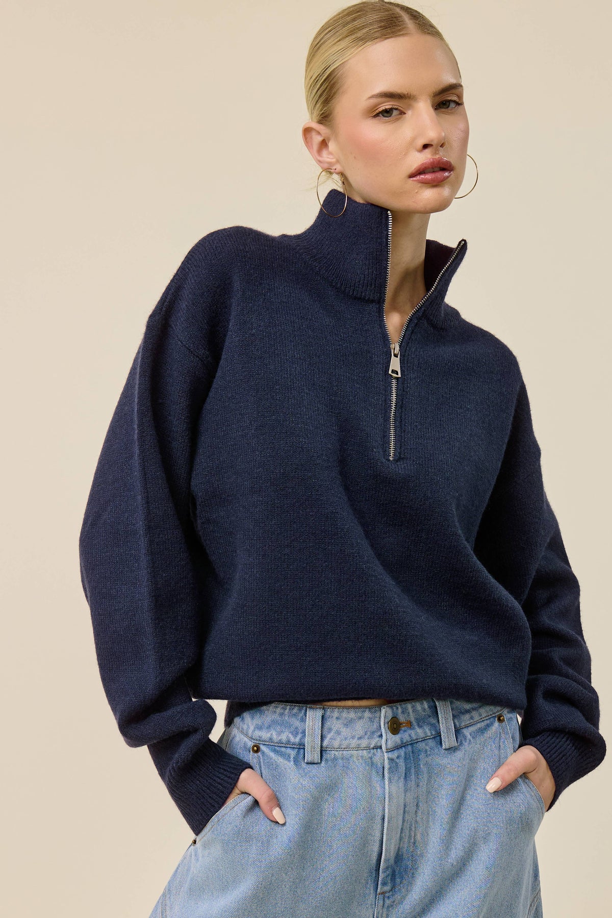 Half Zip Mock Neck Knit Sweater