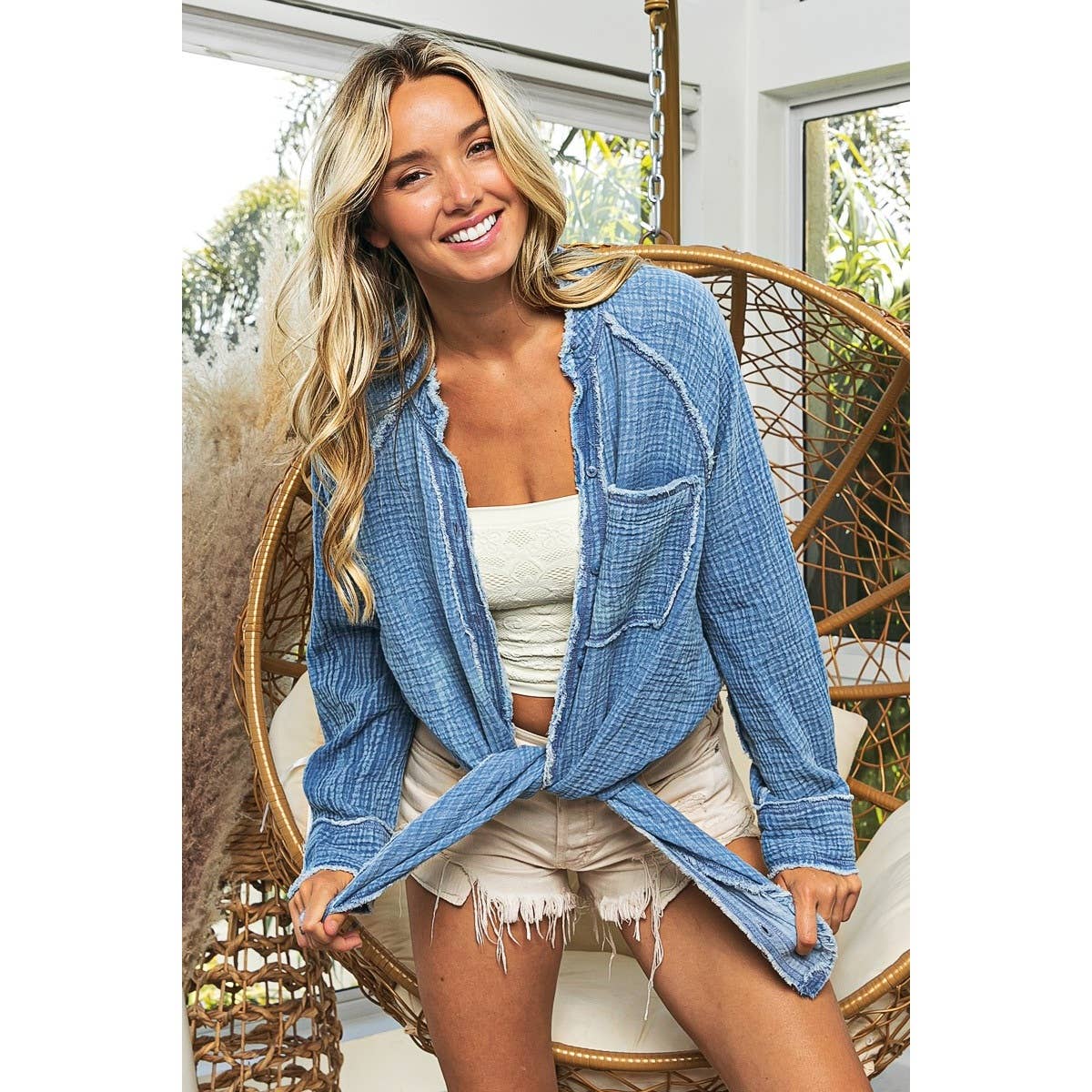 Frayed Edge Stand Collar Raglan Vintage Washed Gauze Shirt