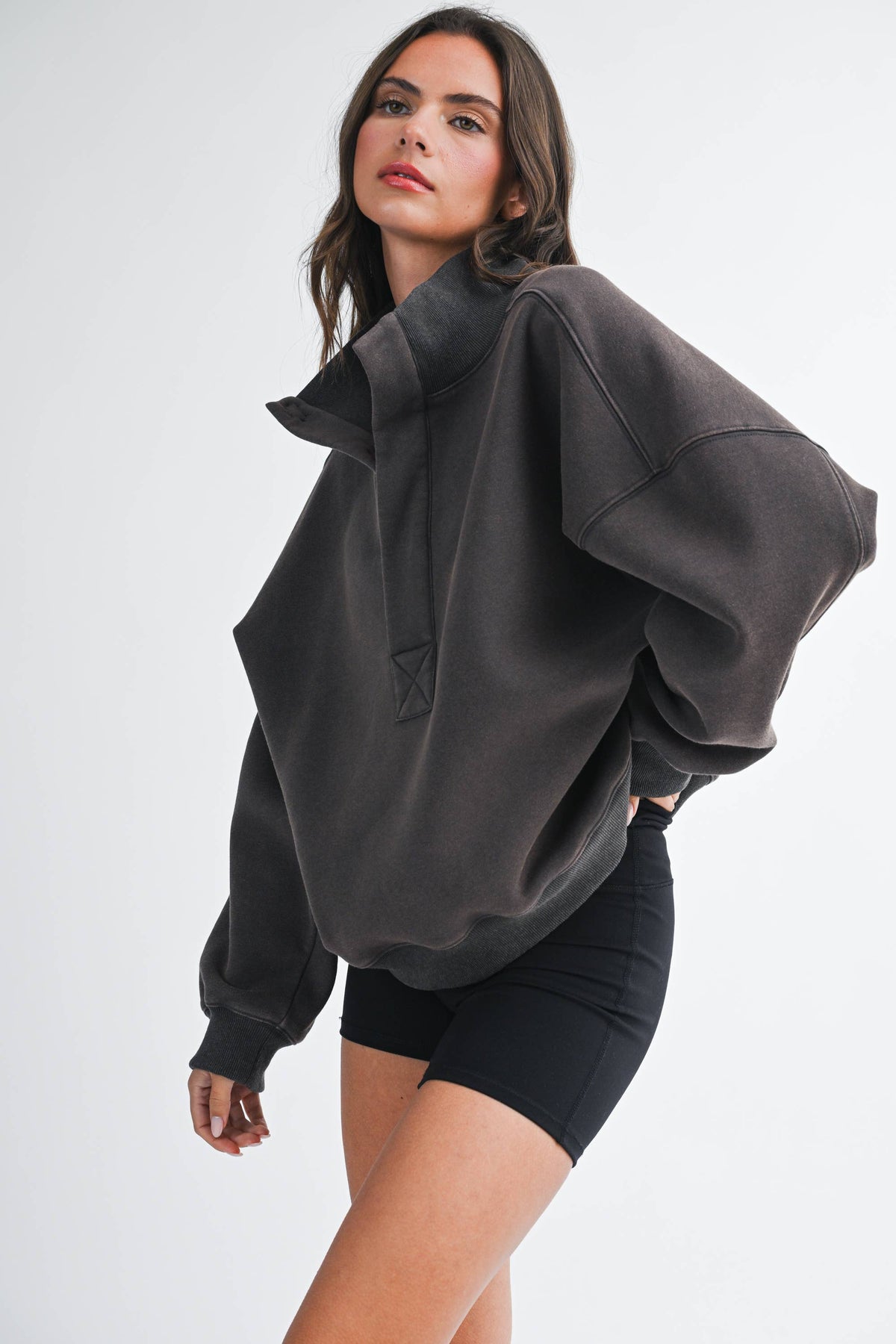 Oversized Snap Neck Pullover Sweatshirt