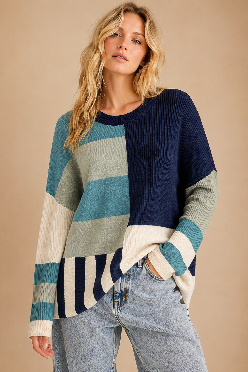 Colorblock Contrast Knit Sweater