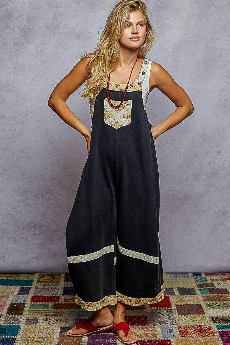 Vintage-Wash French Terry Patchwork Overalls