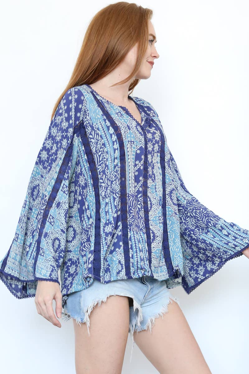 V-Neck Flare Bell Sleeve Lace Insets Top