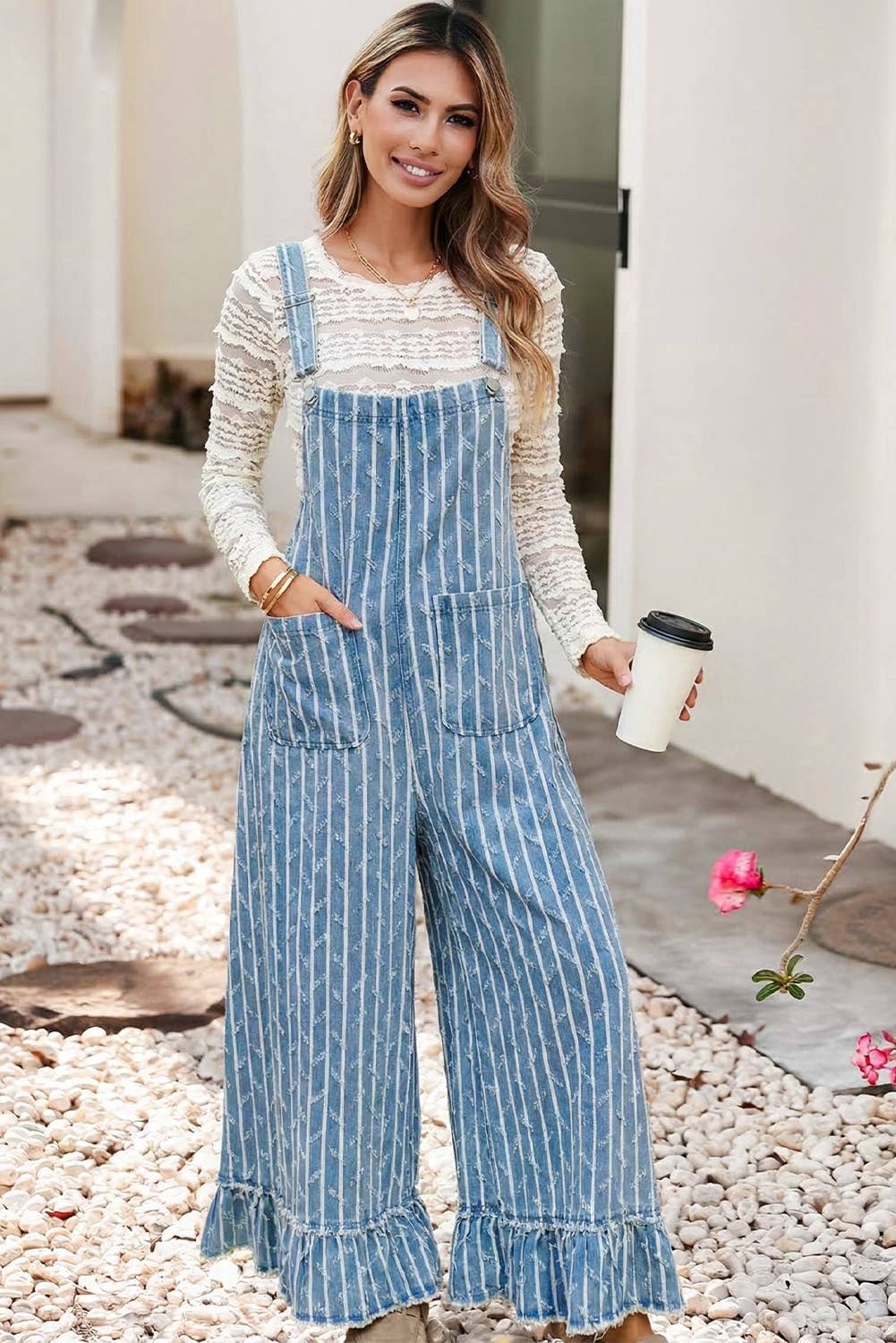 Striped Distressed Ruffled Wide Leg Denim Overalls