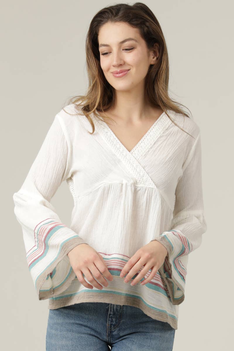 Lace Trim Lace Back V-Neck Flare Sleeve Stripe Top