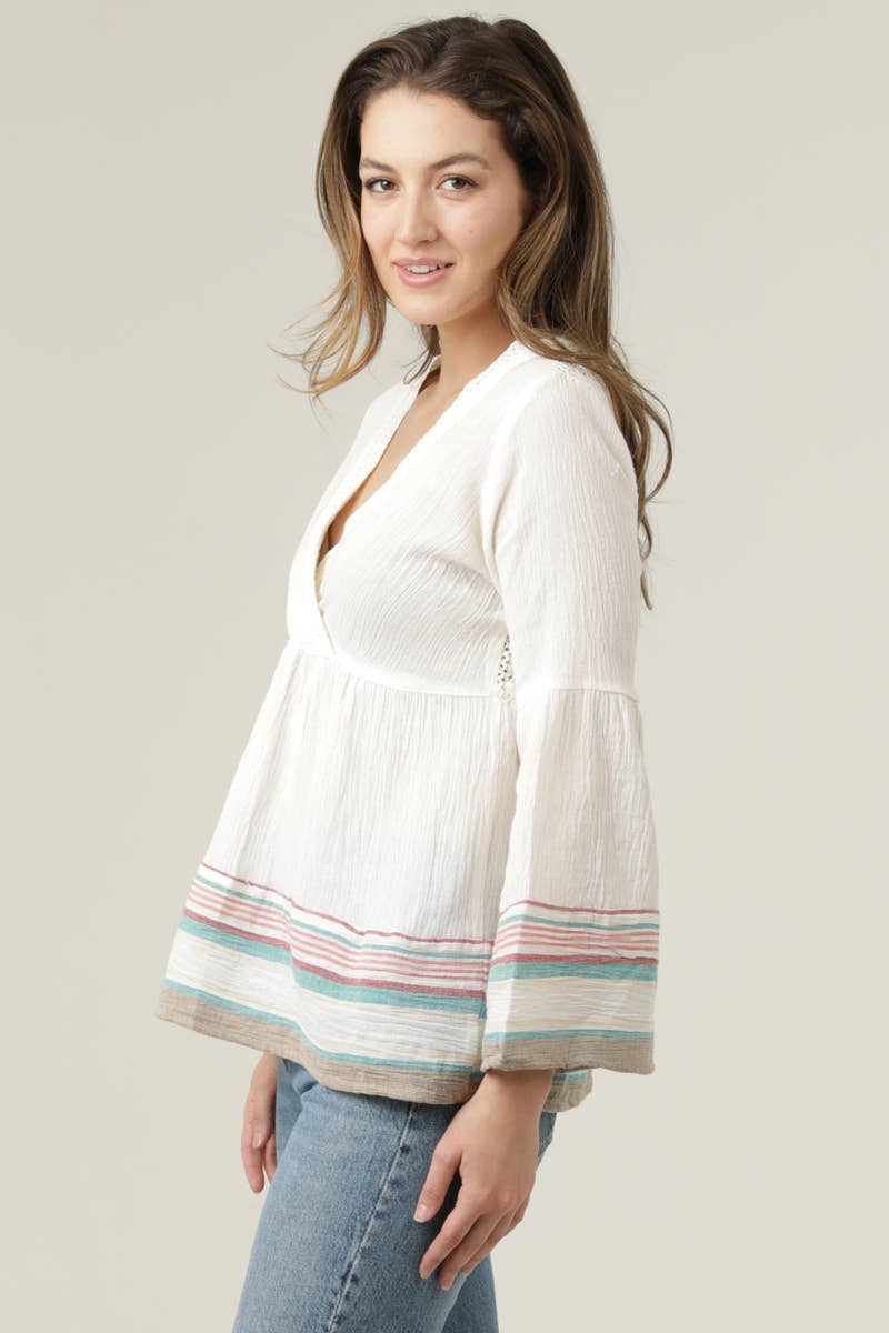 Lace Trim Lace Back V-Neck Flare Sleeve Stripe Top