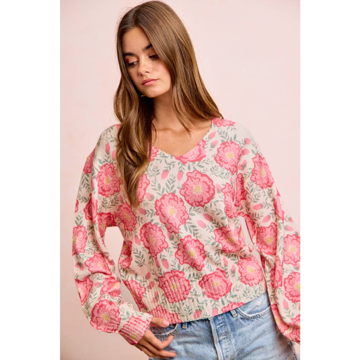 Flower Printed V-Neck Knit Top with Balloon Sleeves