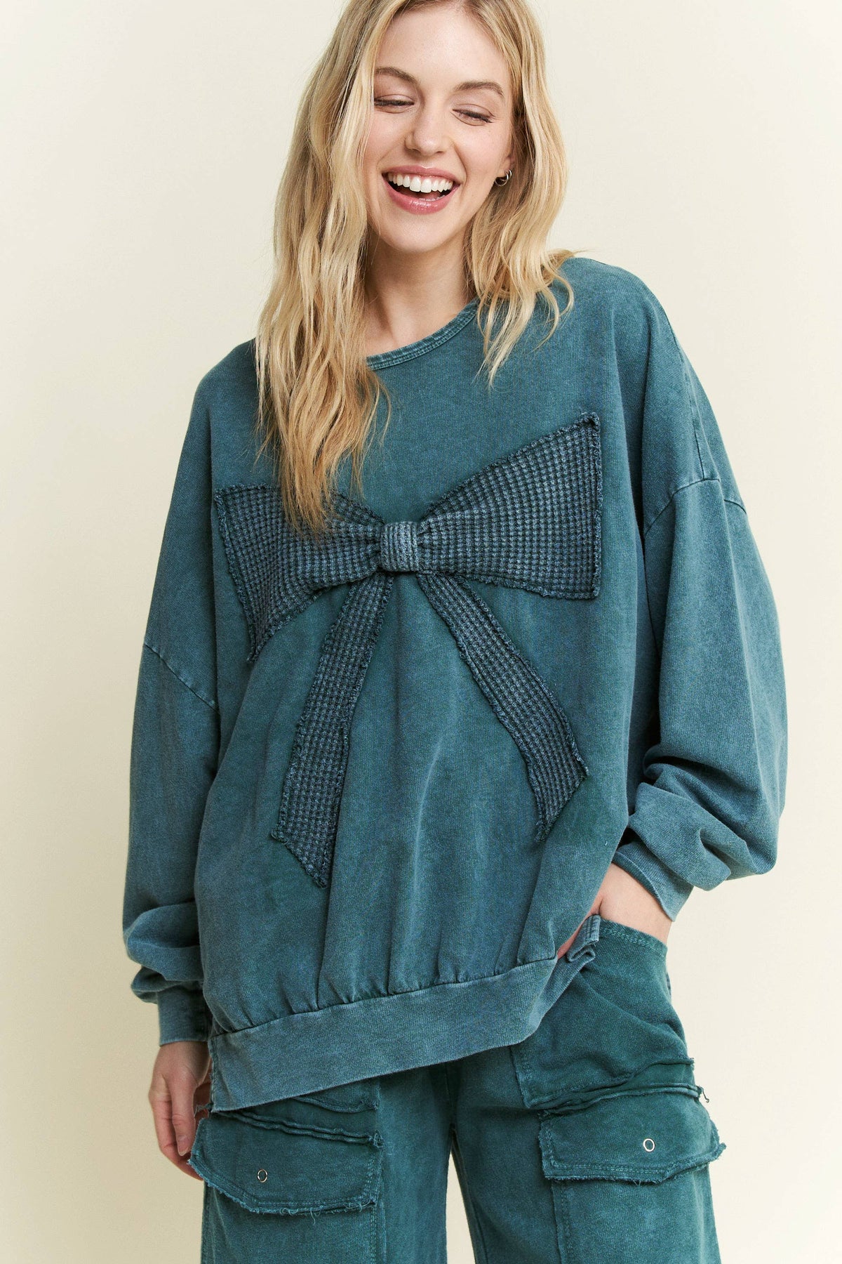 I'm a gift for you Waffle Ribbon bow terry top HT6129