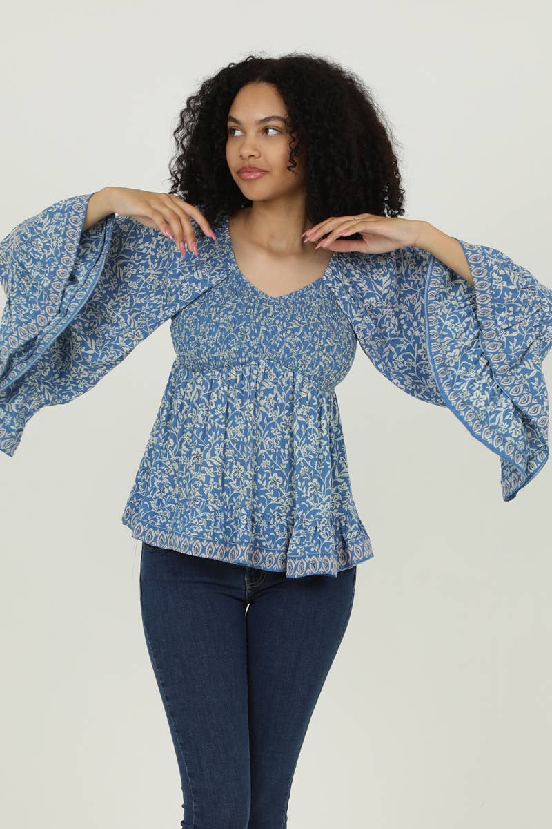 V-Neck Smocked Bust Wide Sleeve Blouse