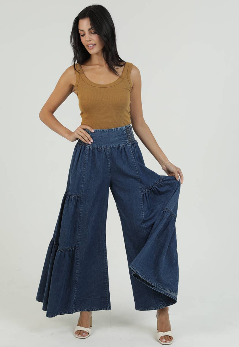 Smocked Waist Tiered Wide Leg Pant