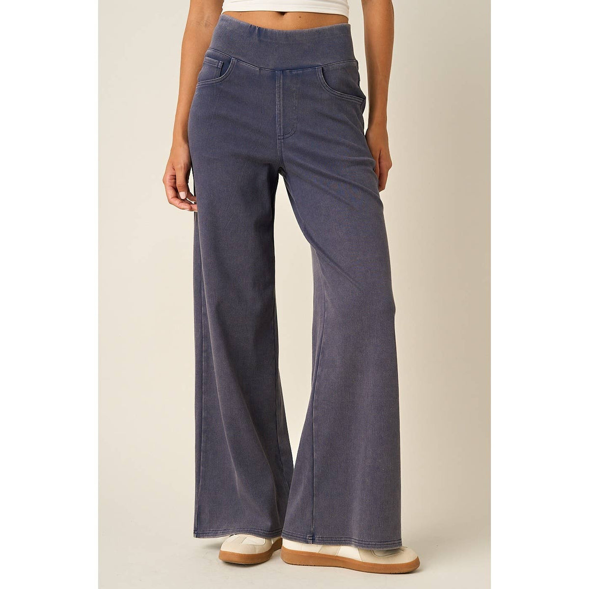 WASHED DENIM ELASTIC WAISTBAND WIDE LEG PANTS