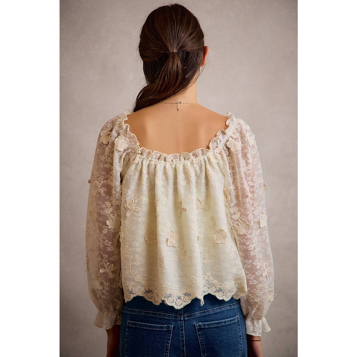 3D Floral Lace Scallop Edge Long Sleeve Blouse