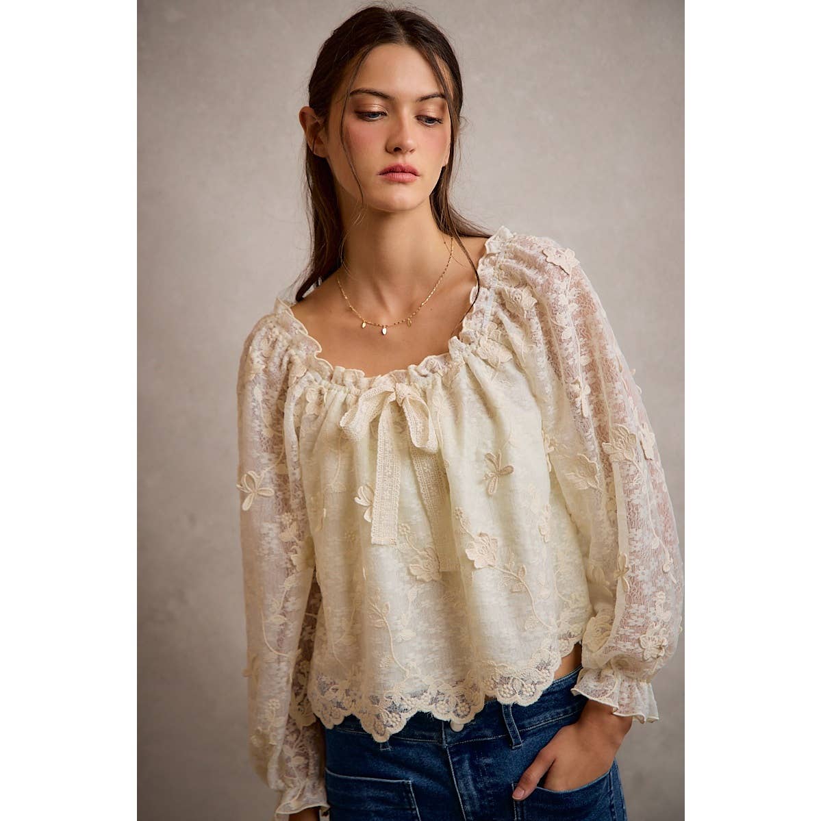 3D Floral Lace Scallop Edge Long Sleeve Blouse