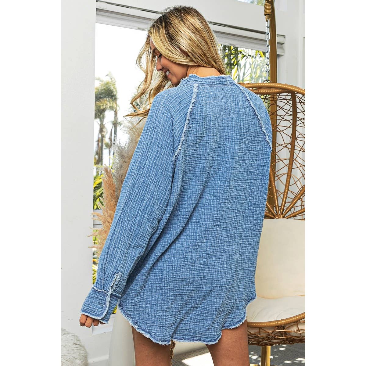 Frayed Edge Stand Collar Raglan Vintage Washed Gauze Shirt