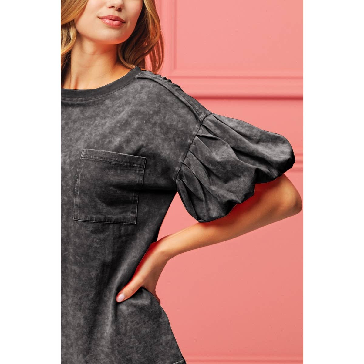 Mineral Washed Puff Sleeve Jersey Top