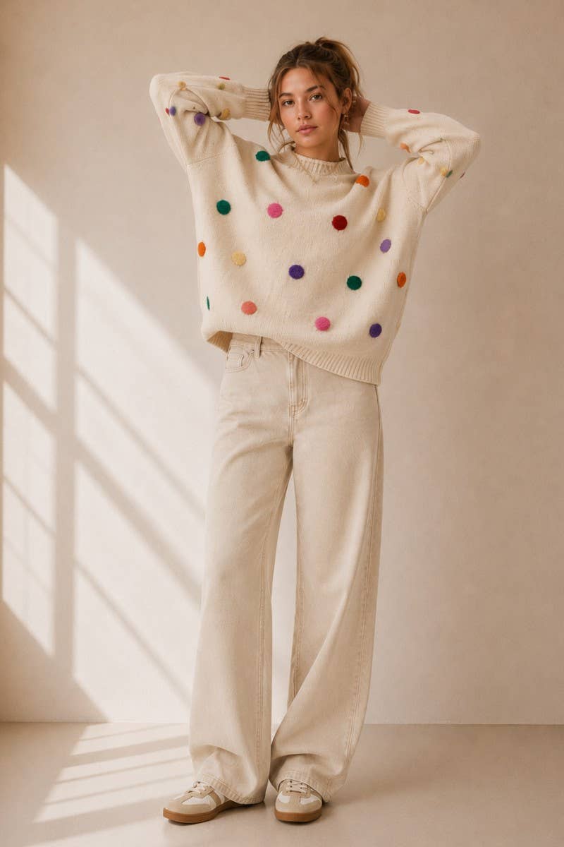 Colorful Pom Pom Knit Sweater
