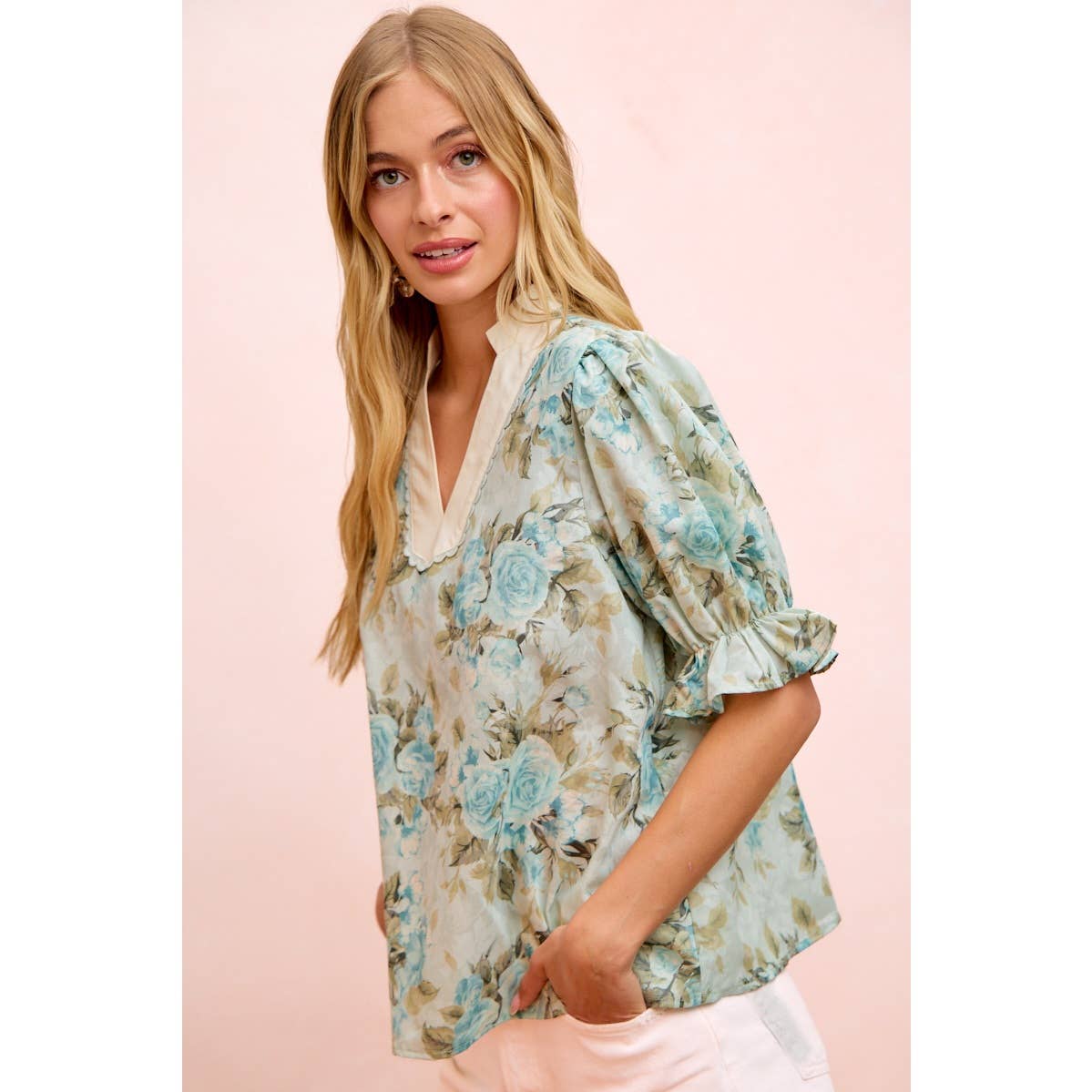 ROSE PRINTED WOVEN V NECK TOP WITH RUFFLE SLEEVES