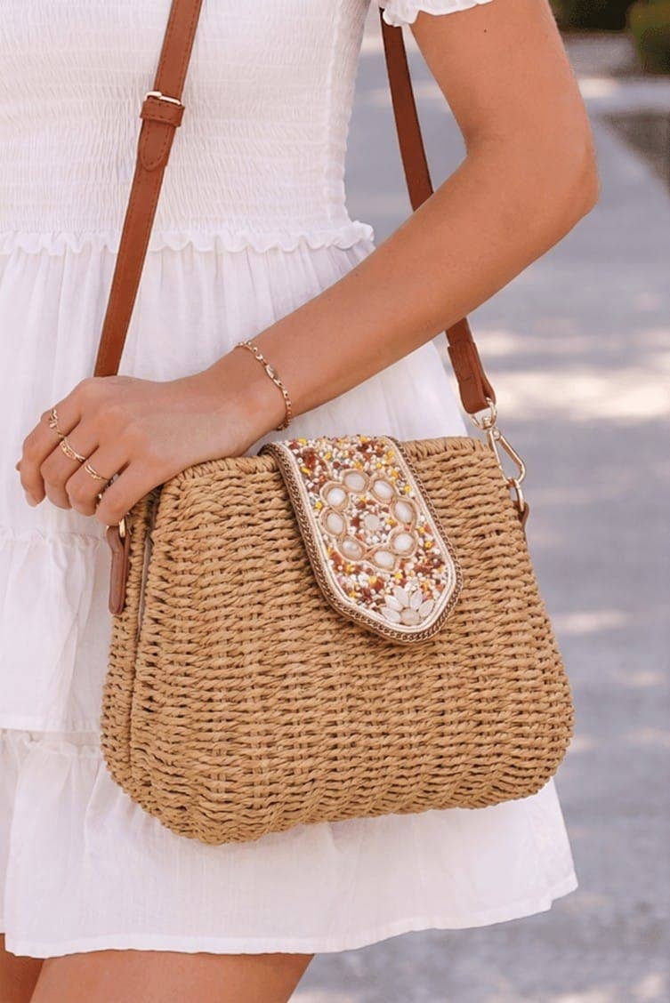 Straw Crossbody Bag With Beaded Buckle