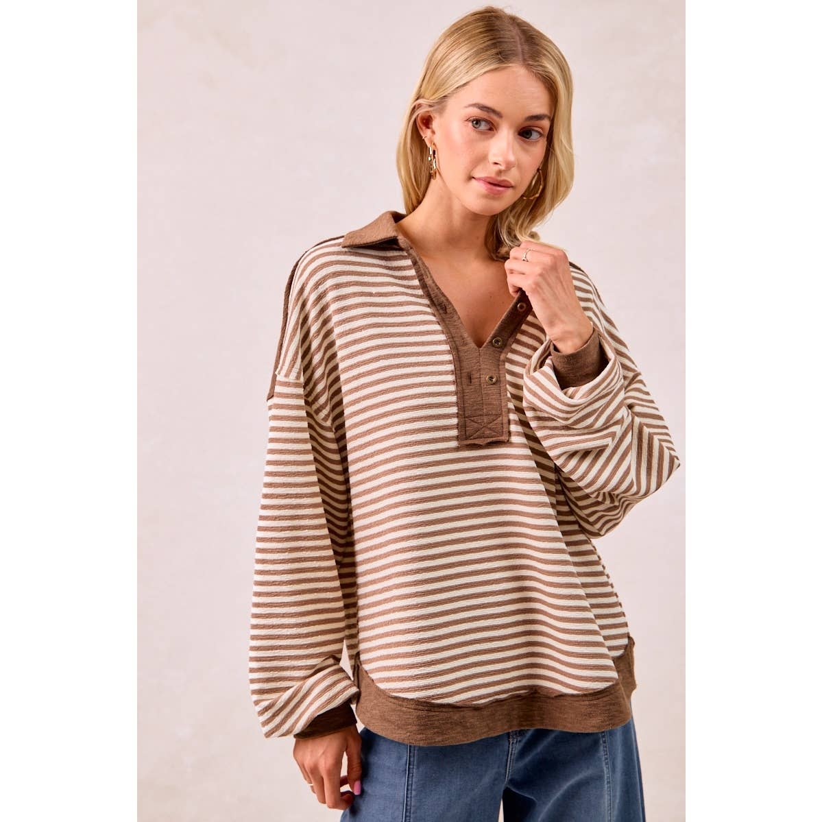 SLUB KNIT AND STRIPES MIX AND MATCH COLLARED TOP
