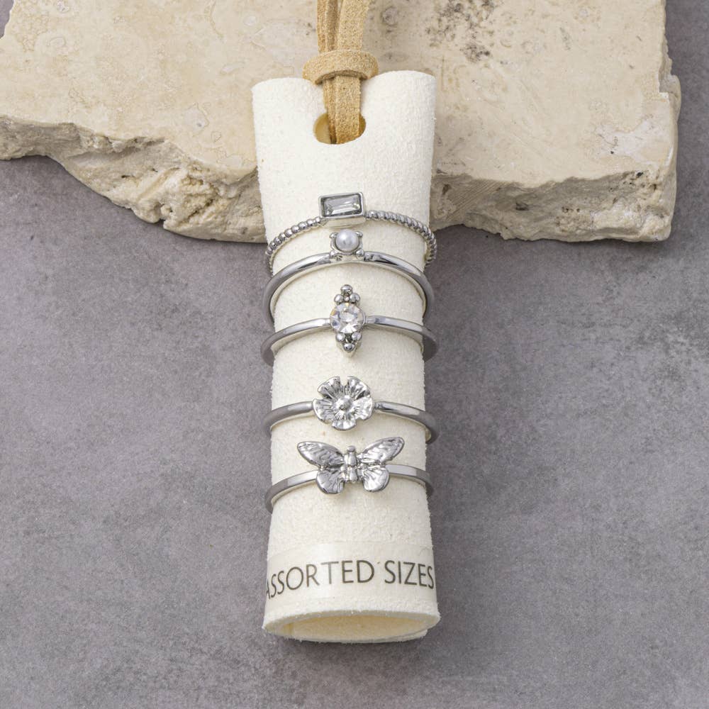 Cz Pearl Flower And Butterfly Ring Set