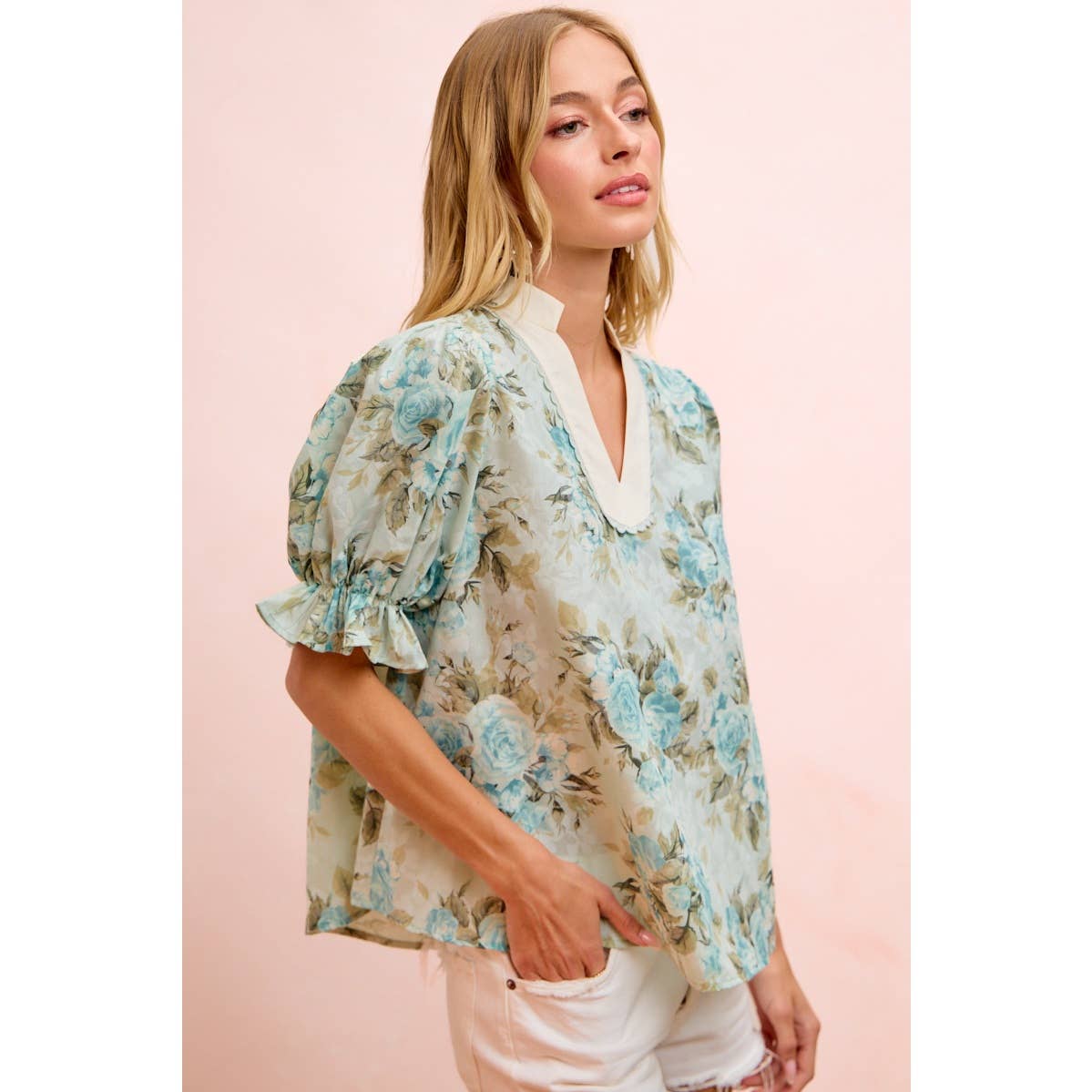 ROSE PRINTED WOVEN V NECK TOP WITH RUFFLE SLEEVES