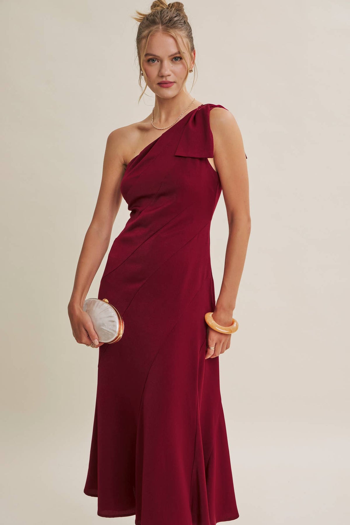 PARTY GLAM ONE-SHOULDER BOW MIDI DRESS W/ SCULPTING SEAM