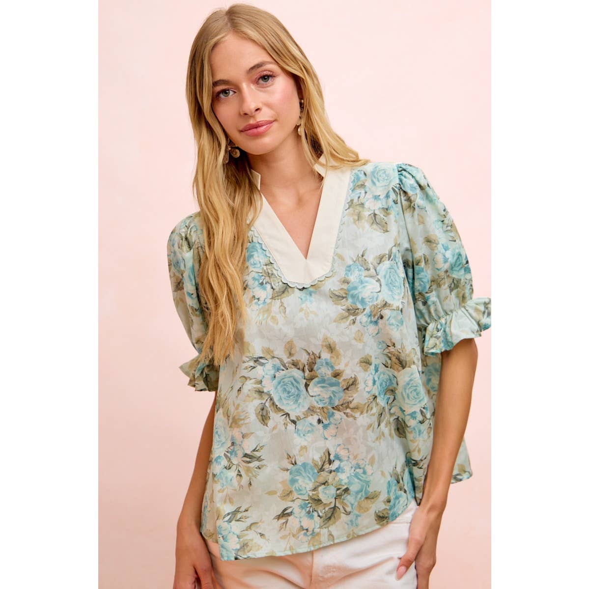 ROSE PRINTED WOVEN V NECK TOP WITH RUFFLE SLEEVES