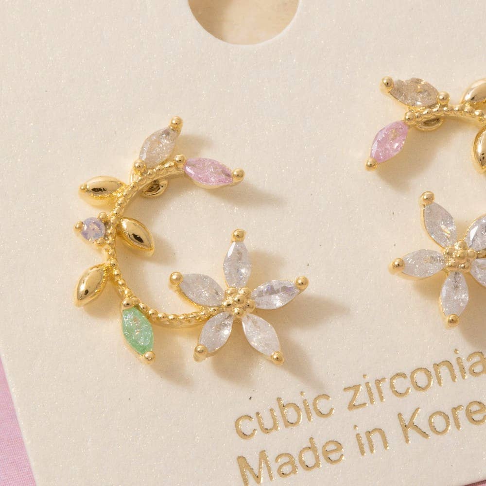 Gold Dipped Cz Leaf And Flower Circle Stud Earrings