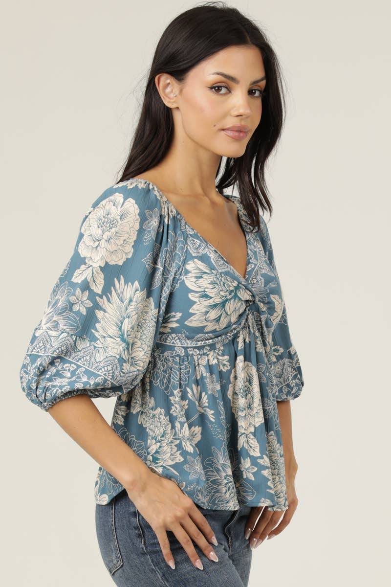 Twist Front Floral Print Blouse