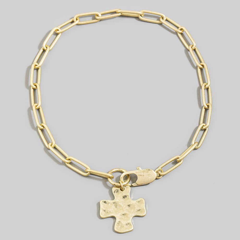 Hammered Square Cross Charm Paperclip Chain Bracelet