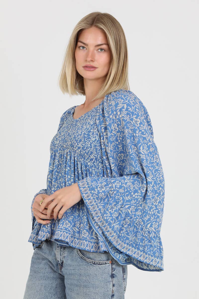 V-Neck Smocked Bust Wide Sleeve Blouse