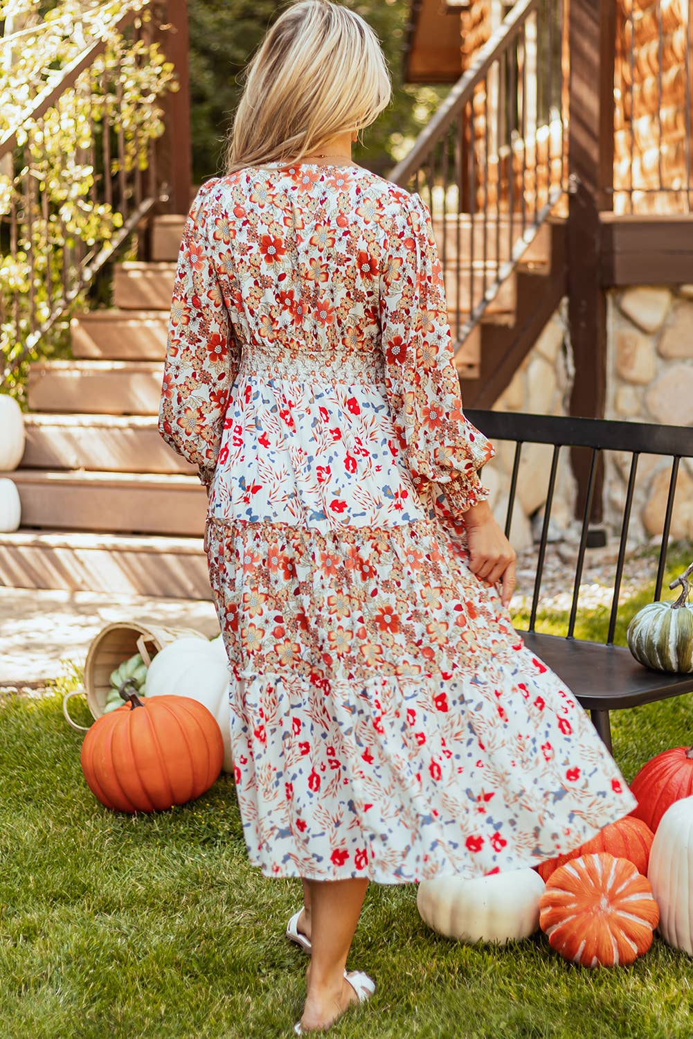 Floral Print Ruffled Tiered Long Sleeve Midi Dress