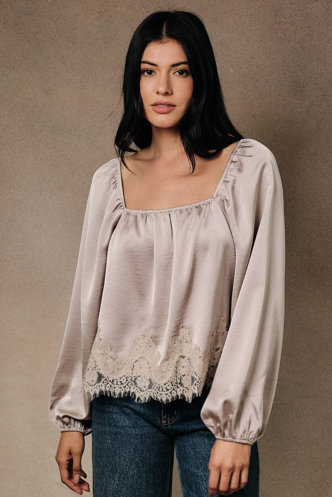 Square Neck Balloon Long Sleeve Lace Applique Hemline Blouse