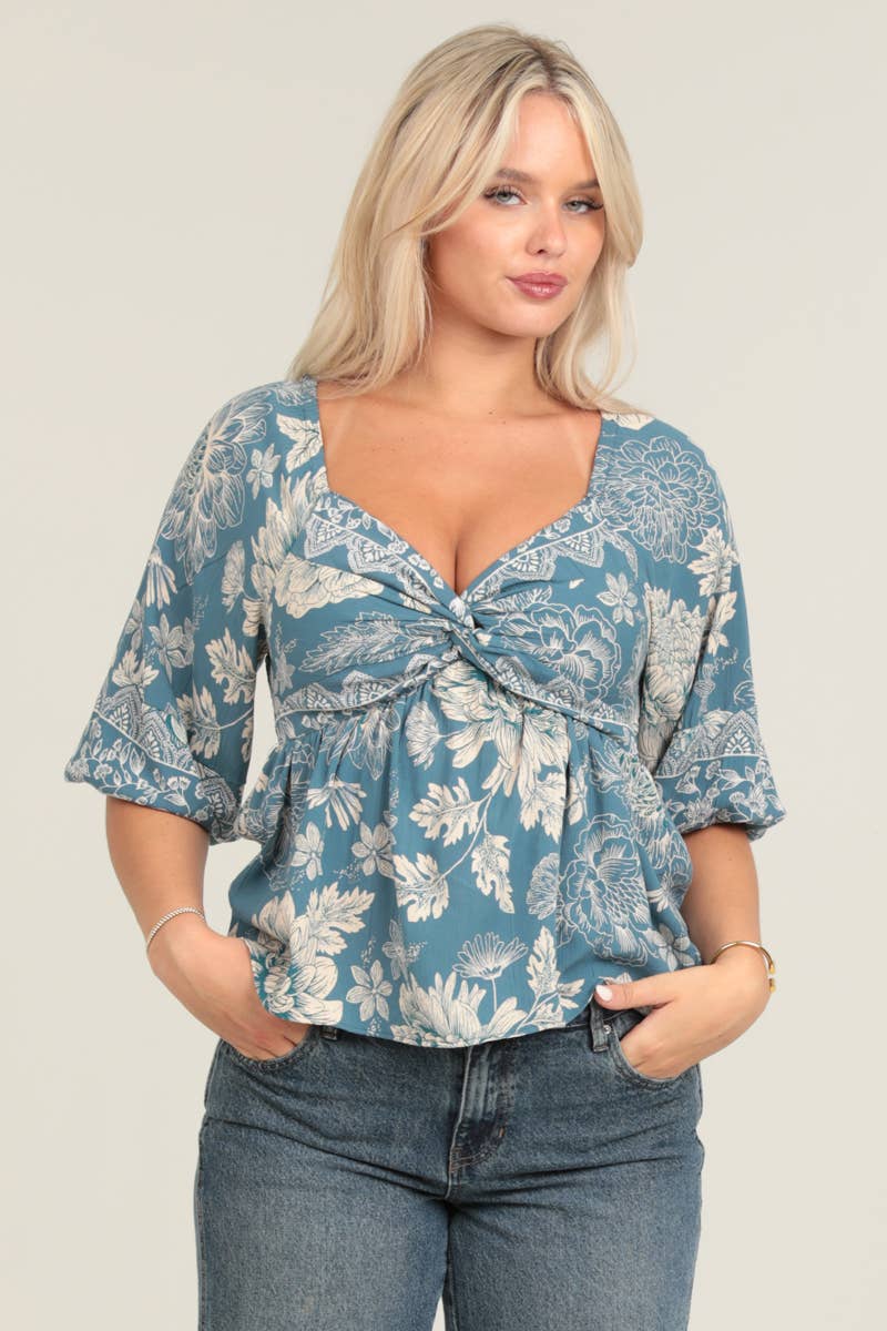 Twist Front Floral Print Blouse