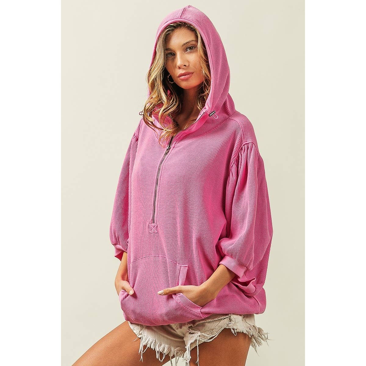 Three-Quarter Puff Sleeve Half Zip Washed Waffle Thermal Hoodie