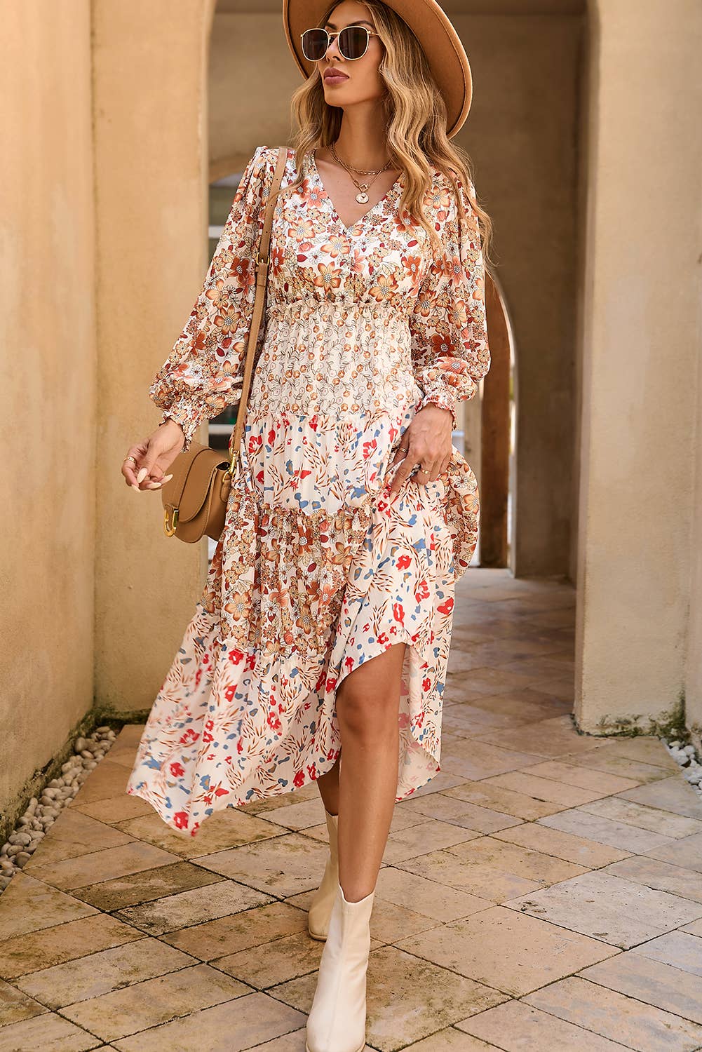 Floral Print Ruffled Tiered Long Sleeve Midi Dress
