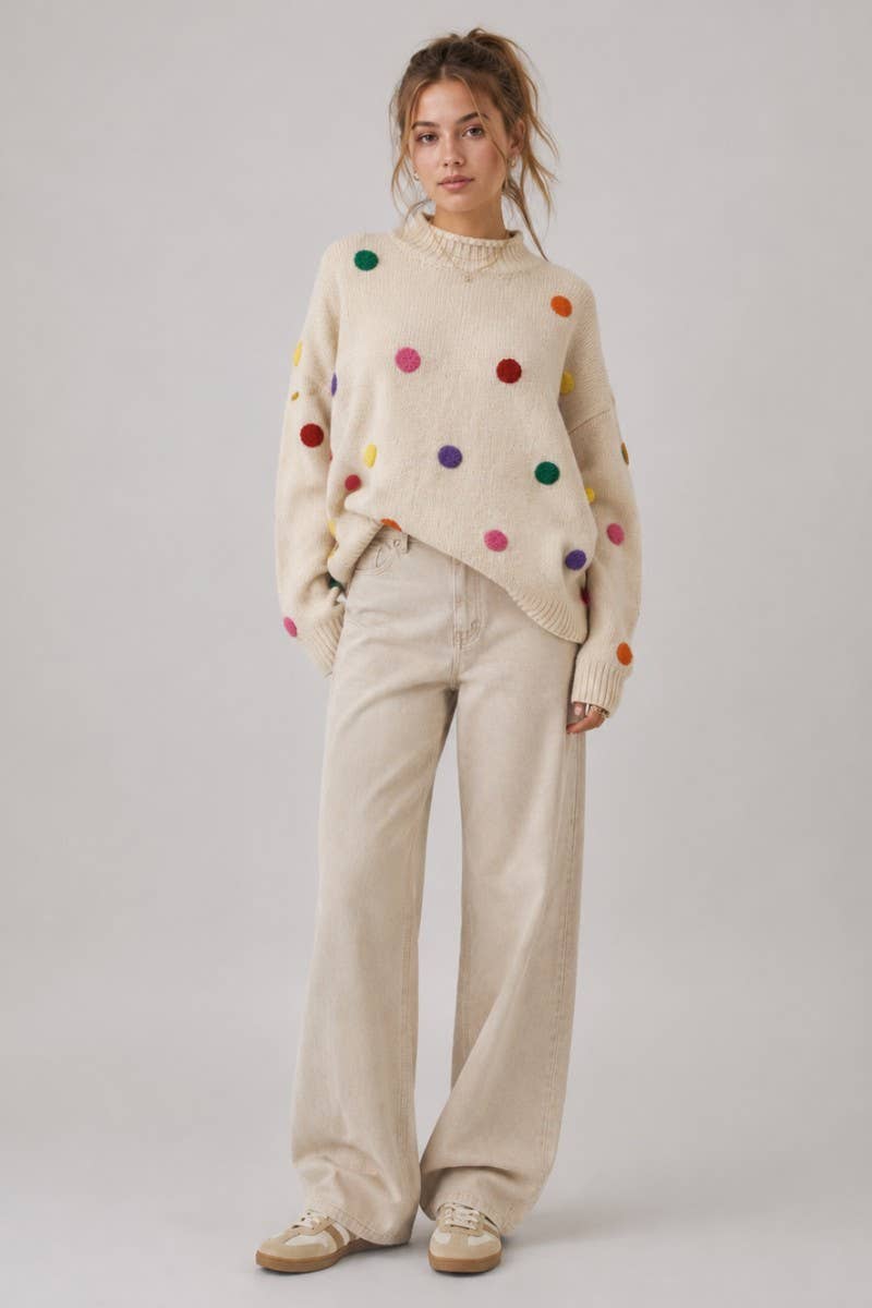Colorful Pom Pom Knit Sweater