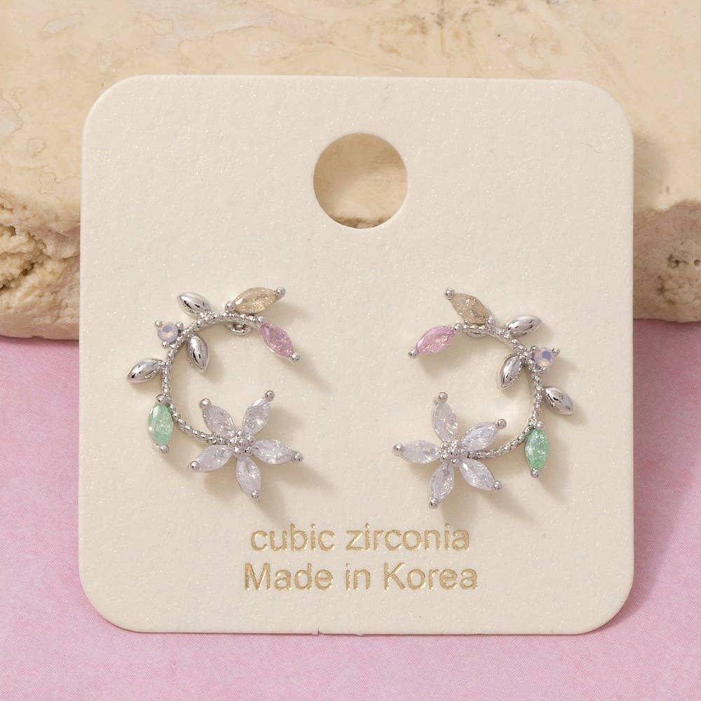 Gold Dipped Cz Leaf And Flower Circle Stud Earrings