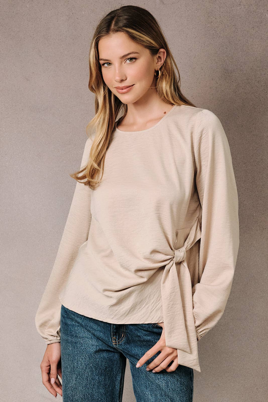 Round Neck Long Sleeve Front Tie Top