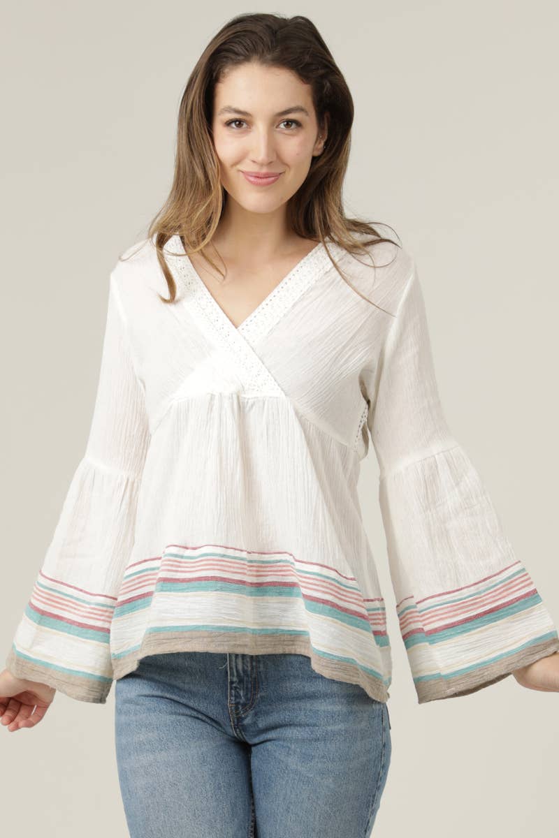 Lace Trim Lace Back V-Neck Flare Sleeve Stripe Top