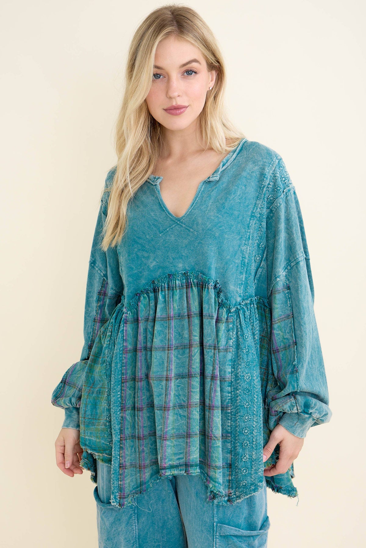 Mineral Washed Flannel Eyelet Patch Babydoll Blouse