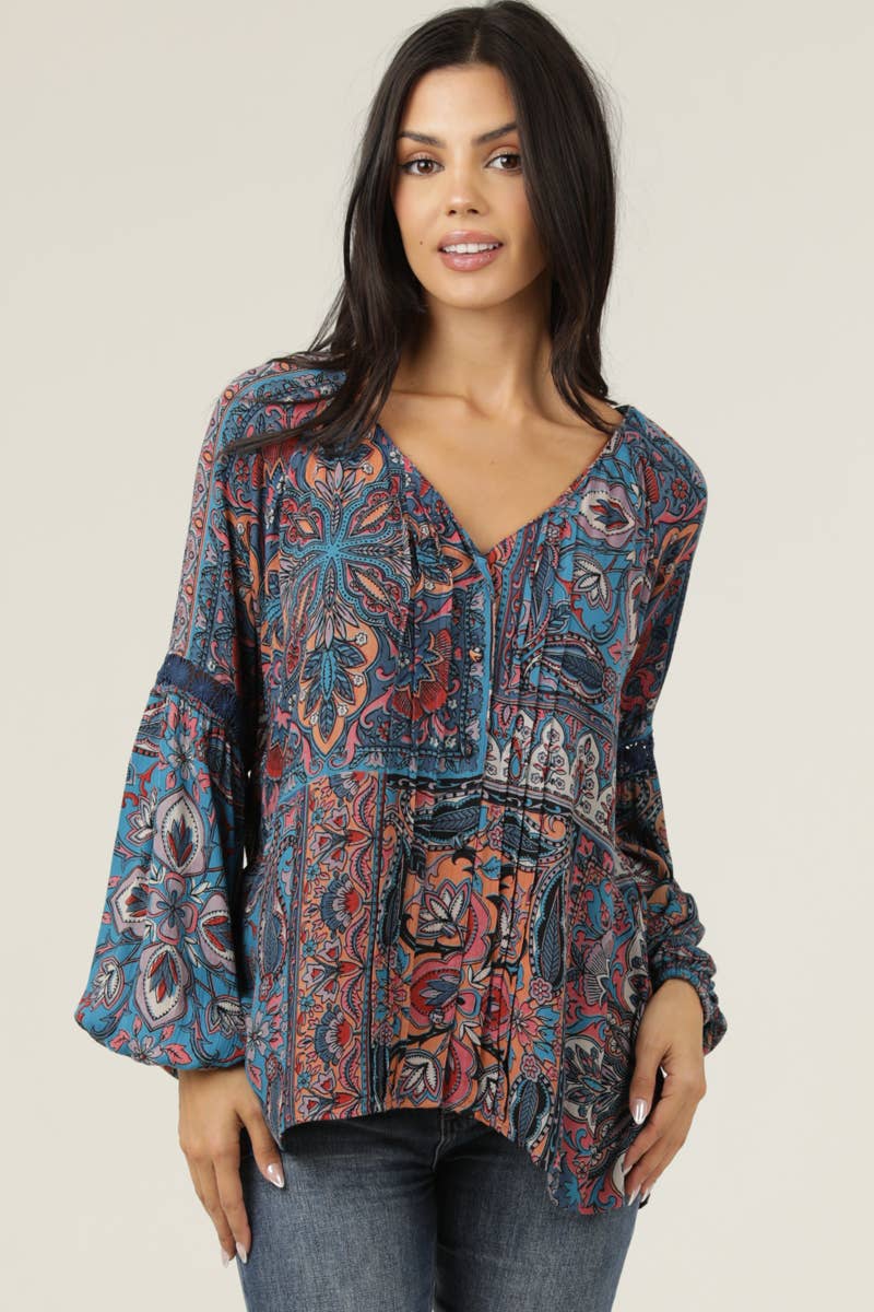 V-Neck Tie Back Patchwork Print Blouse