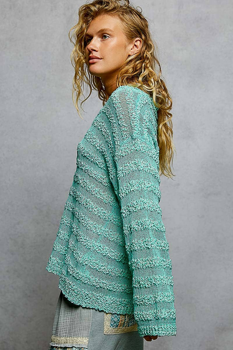 V Neck Long Sleeve Striped Knit Acrylic Thin Sweater